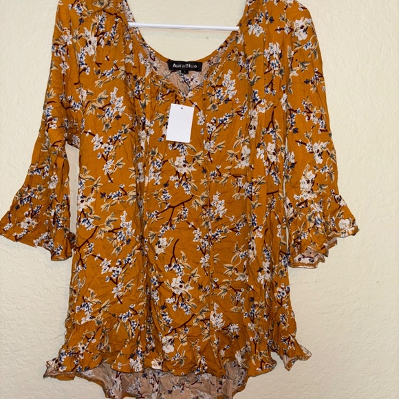 WOMANS ORANGE ELBOW LENGTH FLORAL BLOUSE SIZE L - Picture 5 of 6